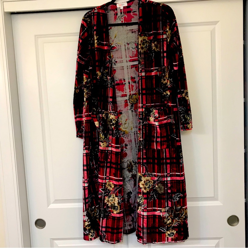 LulaRoe Velvety L Duster w/pockets-Holiday Reds white brown flower print!